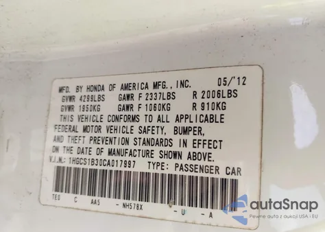 2012 Honda Accord 2.4 Lx-S z USA, uszkodzony, nr VIN 1HGCS1B30CA017997